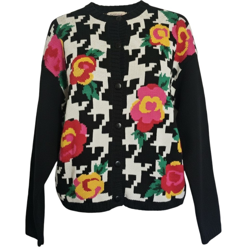 Izod Cardigan Floral Houndstooth Knit Sweater Vintage Ramie Cotton Grandmacore M